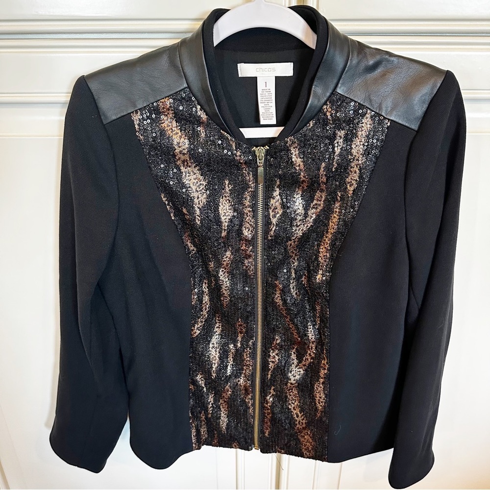 Chicos Womens Black Animal Print Sequined Faux Leather Front Ponte Jacket Blazer